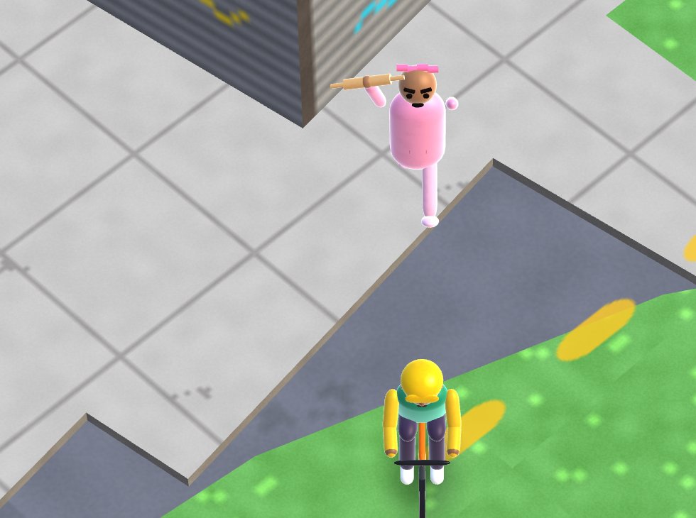 An angry homeowner with a rolling pin chasing a delivery courier